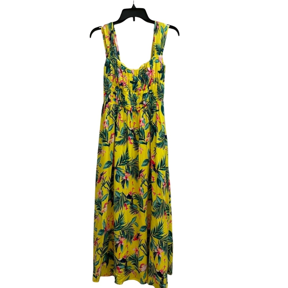 SIXDO Maxi Dress Womens Medium Yellow Tropical Floral Sleeveless Smocked Lined